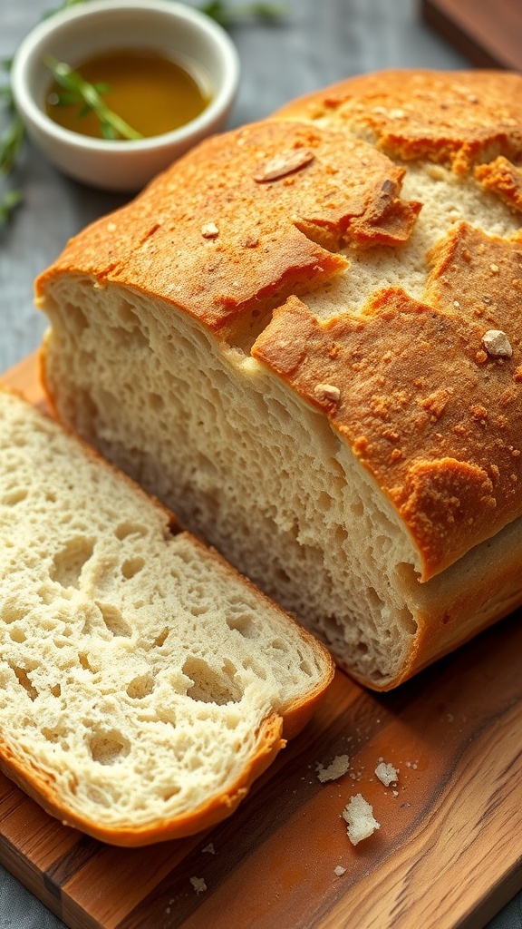 Simple Sourdough Bread Recipe (1:5:5 Ratio) A golden crusted sourdough bread loaf sliced to show its airy interior, on a wooden board with olive oil in the background.